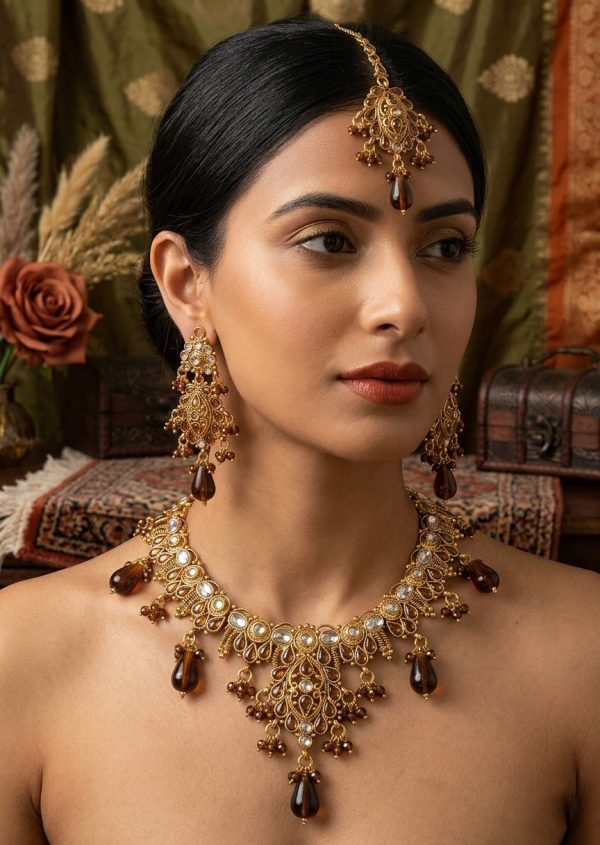 Kundan Polki Gold Plated Indian Bridal Necklace Earring Tikka y3813