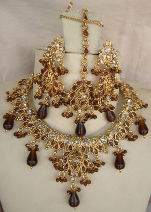 z438 Kundan Polki Gold Plated Indian Bridal Necklace Earring Tikka y3813
