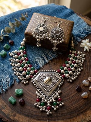 Silver Plated Vintage bib NECKLACE Garba gypsy f1317