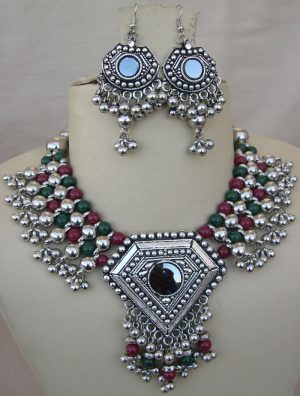 f1317 Silver Plated Vintage bib NECKLACE Garba gypsy f1317