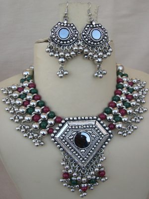 Silver Plated Vintage bib NECKLACE Garba gypsy f1317