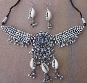 Choker necklace and earring set with cowri shells and oxidized bead work f1523