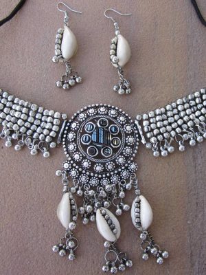 Choker necklace and earring set with cowri shells and oxidized bead work f1523