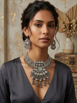 Oxidized Silver Plated Classic Style Navratri Necklace Set with Earrings f1598