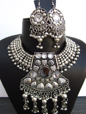 Oxidized Silver Plated Classic Style Navratri Necklace Set with Earrings f1598