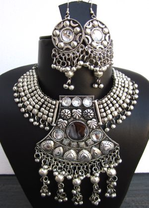 f1598 Oxidized Silver Plated Classic Style Navratri Necklace Set with Earrings f1598