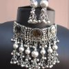 f1611_1 Silver Plated Choker With Earrings Navratri Gujarat Dandiya Raas Jewellery Set f1611
