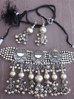 Silver Plated Choker With Earrings Navratri Gujarat Dandiya Raas Jewellery Set f1611