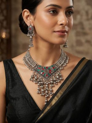 f380 Engagement Gift | Necklace Design | Silver Oxidized | Bollywood f380