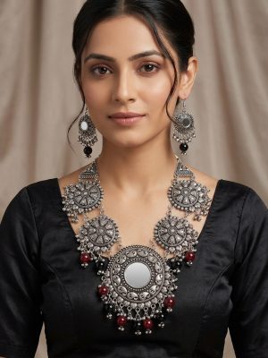 f869 Ethnic Vintage Statement Bib Fashion Navratri Silver f869