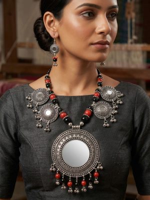 k17 Fancy Oxidized Banjara Long Earrings Necklace k17