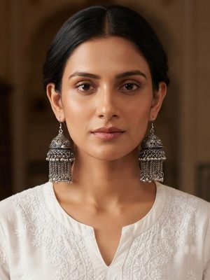 Oxidized Silver Polish Jumki Earrings