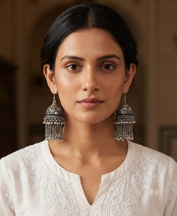 Oxidized Silver Polish Jumki Earrings