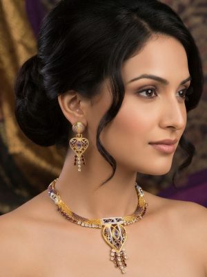 w113_5 Navratri Exclusive Garba Golden Plated Necklace Earring